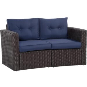 OutSunny Rattan Wicker 2-Seat Loveseat Padded Garden Furniture Blue Outdoor Sofa